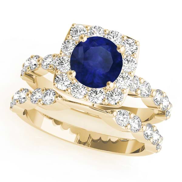 Diamond & Blue Sapphire Square Halo Bridal Set 14k Yellow Gold (2.14ct)