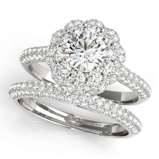 Diamond Floral Style Halo Bridal Set 14k White Gold (1.91ct)