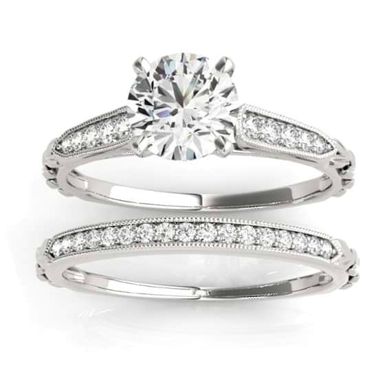 Diamond Accented Textured Bridal Set Setting 14K White Gold (0.21ct)