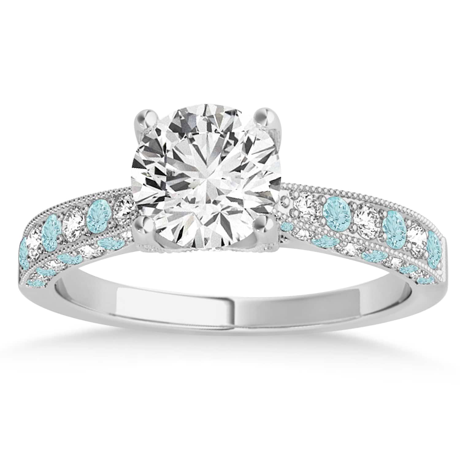 Alternating Diamond & Aquamarine Engravable Engagement Ring in 18k White Gold (0.45ct)
