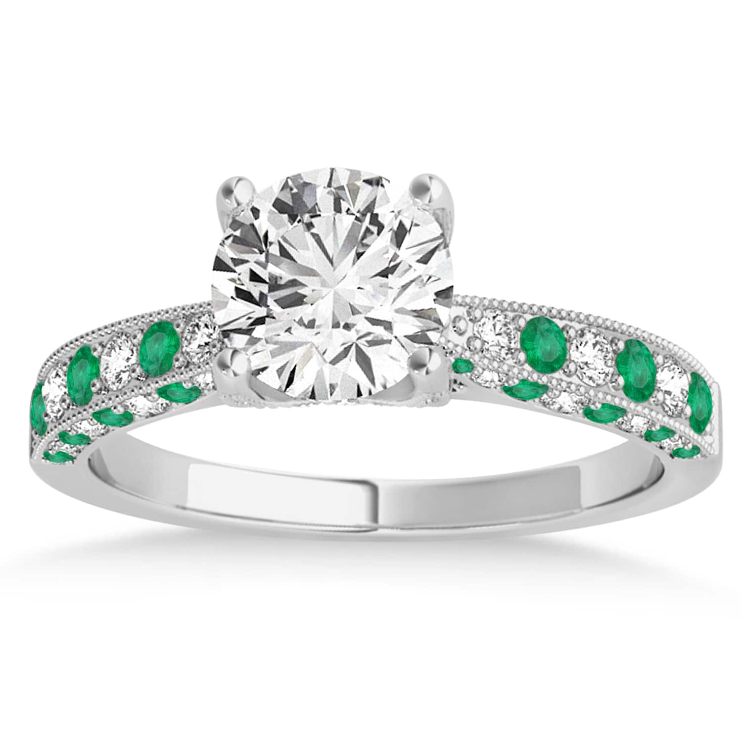 Alternating Diamond & Emerald Engravable Engagement Ring in 18k White Gold (0.45ct)