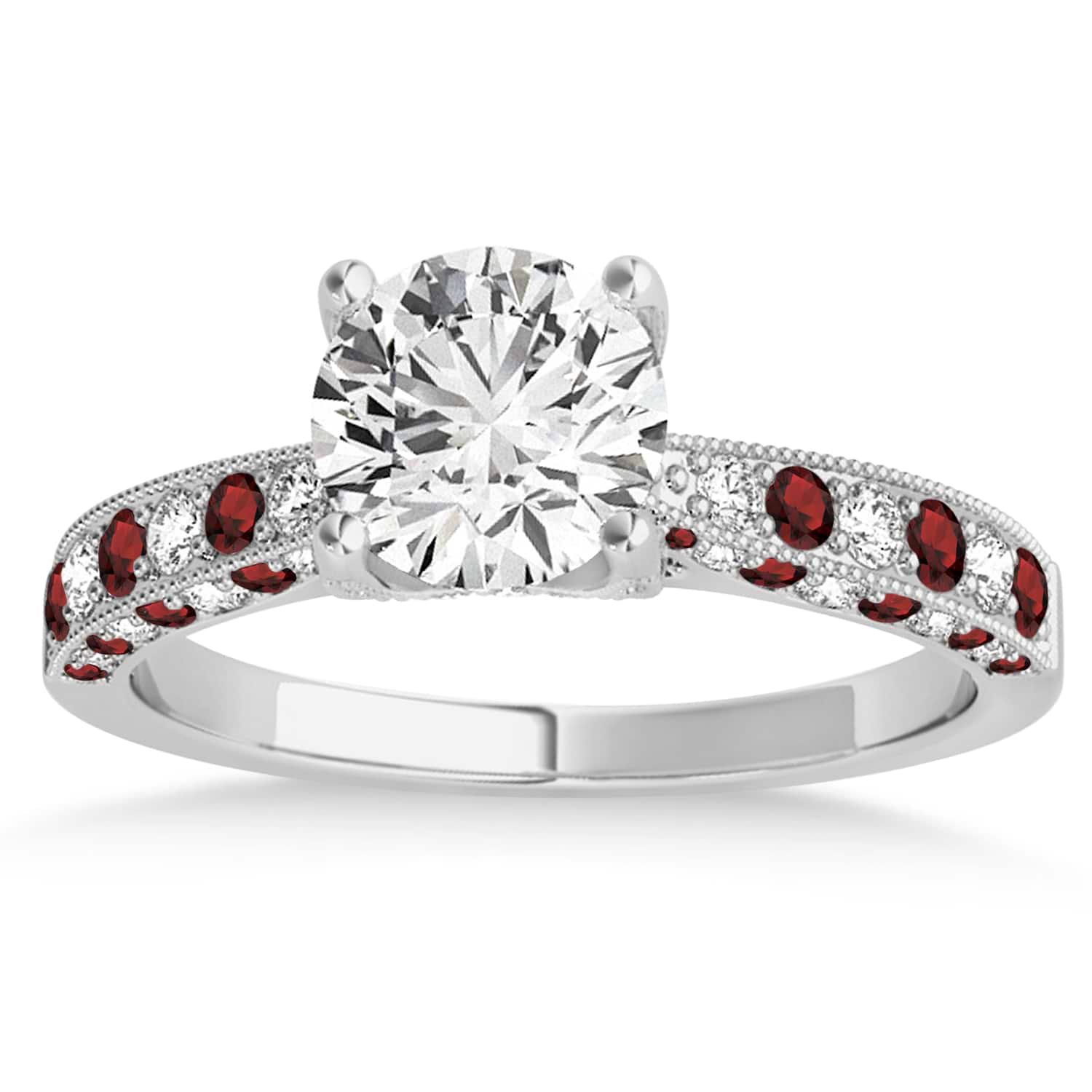 Alternating Diamond & Garnet Engravable Engagement Ring in 18k White Gold (0.45ct)