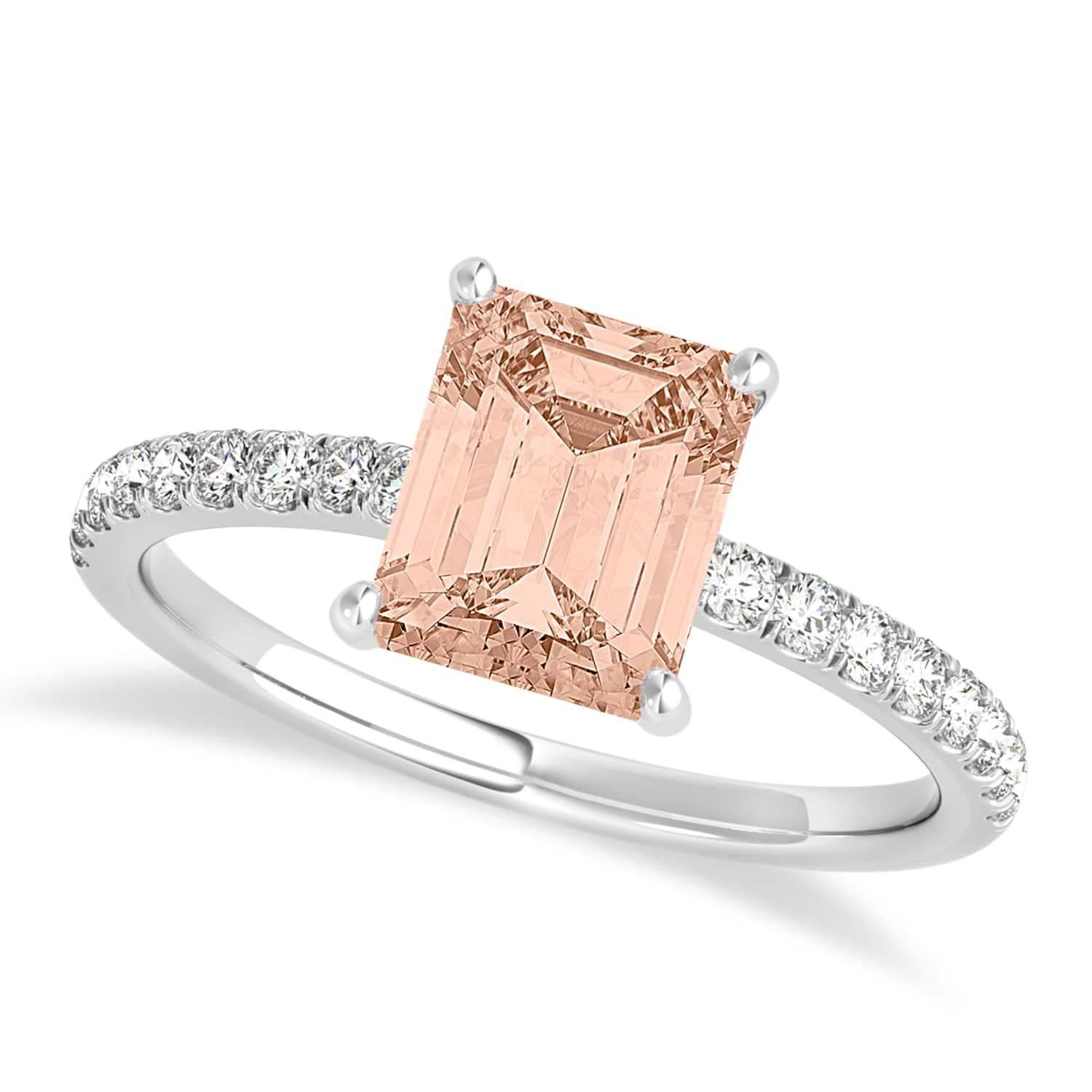 Emerald Morganite & Diamond Single Row Hidden Halo Engagement Ring 14k White Gold (1.31ct)