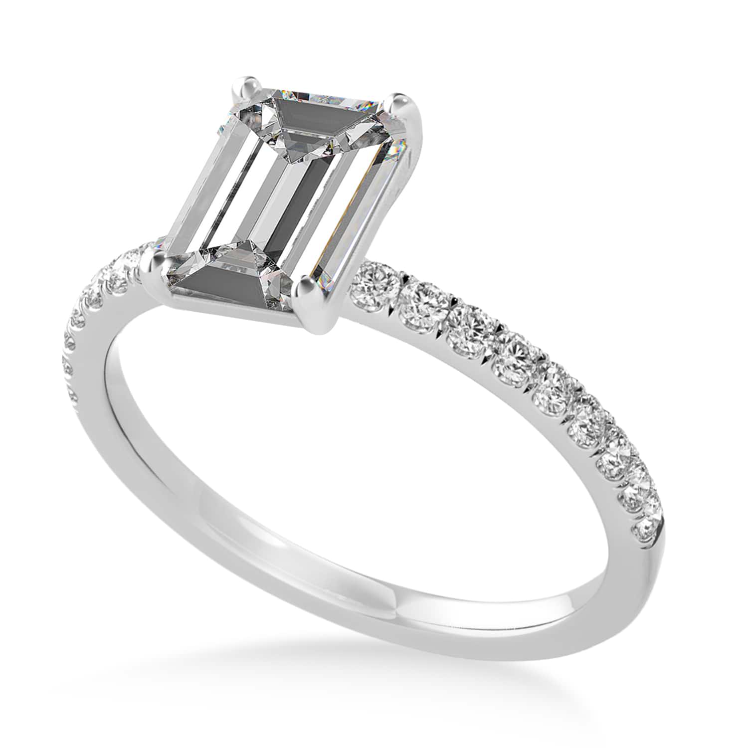 Emerald Moissanite & Diamond Single Row Hidden Halo Engagement Ring 18k White Gold (1.31ct)