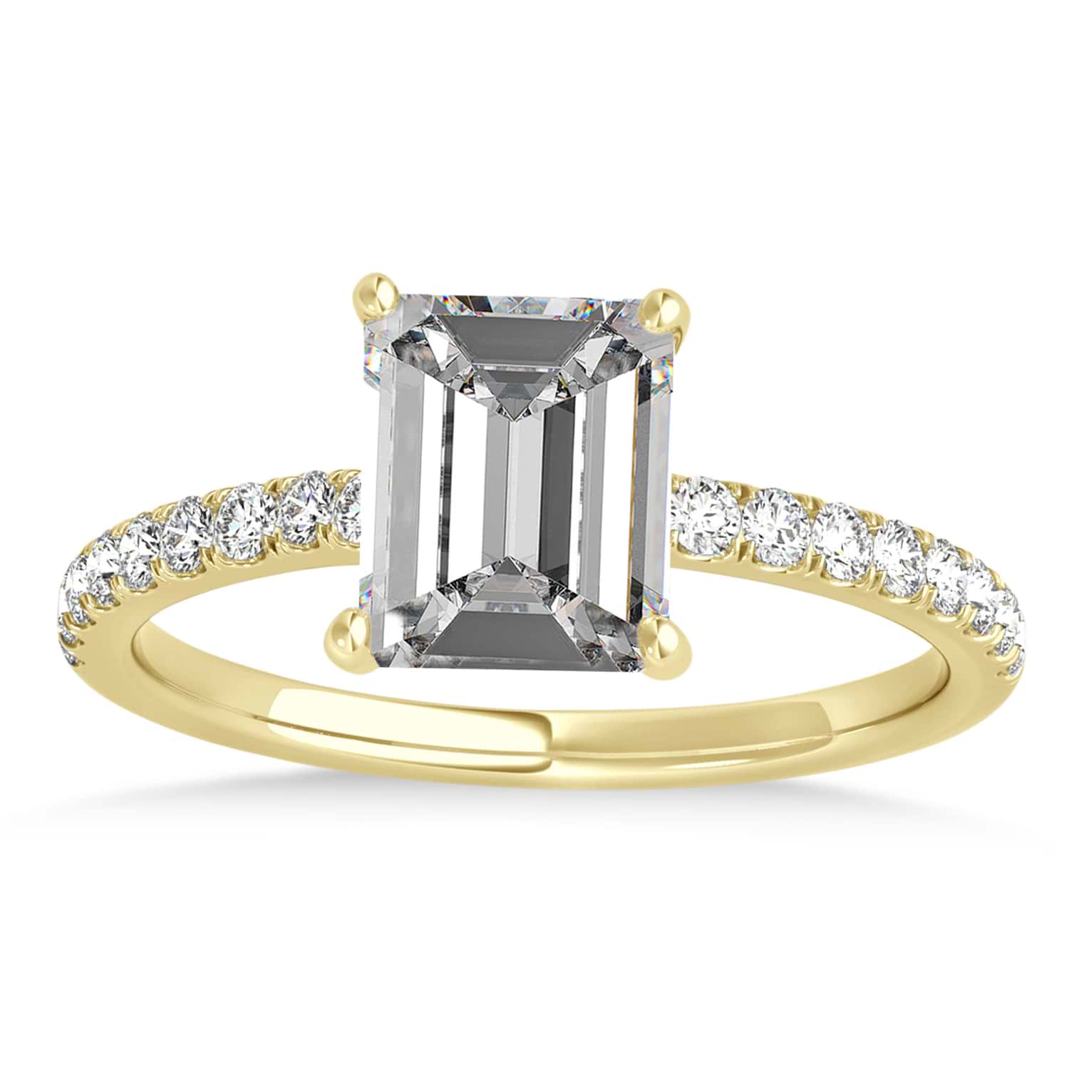 Emerald Moissanite & Diamond Single Row Hidden Halo Engagement Ring 18k Yellow Gold (1.31ct)