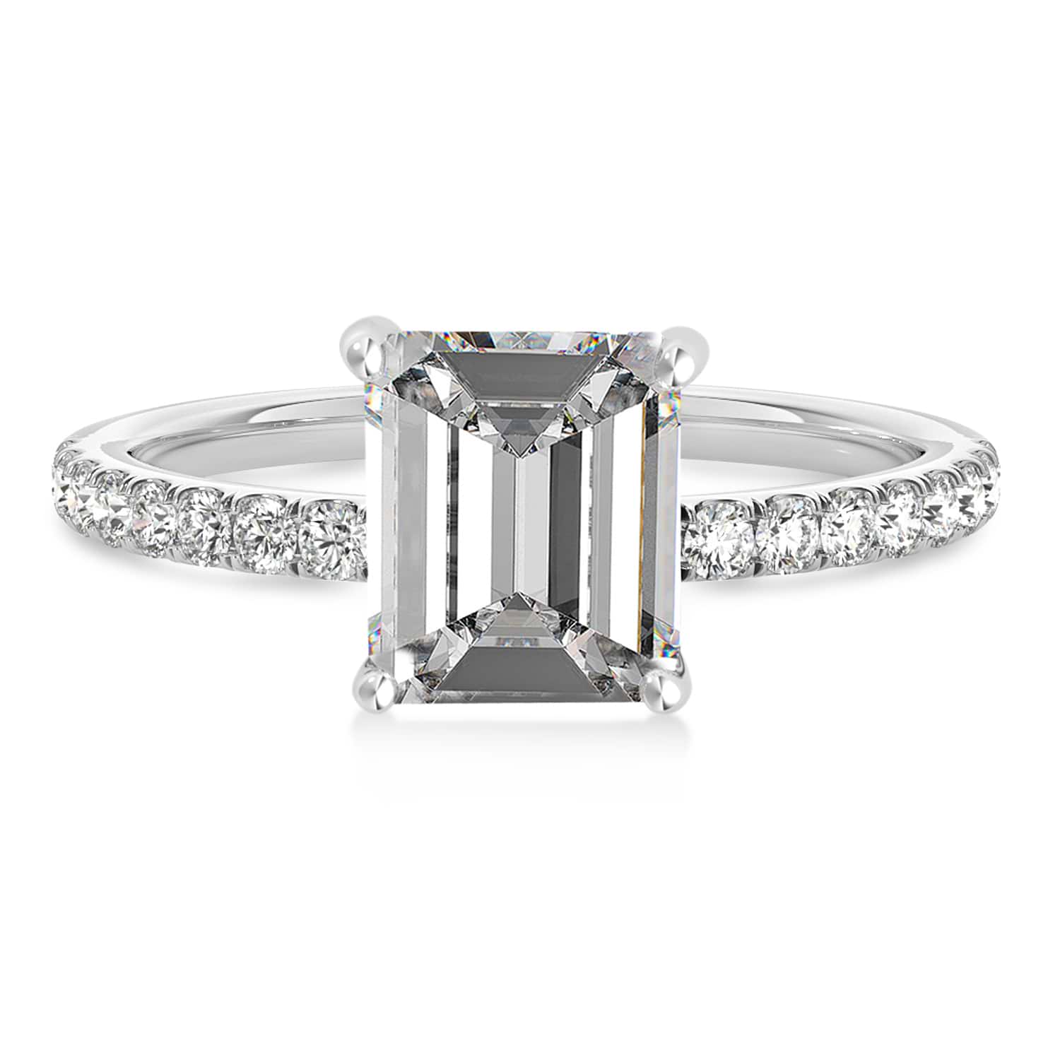 Emerald Moissanite & Diamond Single Row Hidden Halo Engagement Ring Palladium (1.31ct)