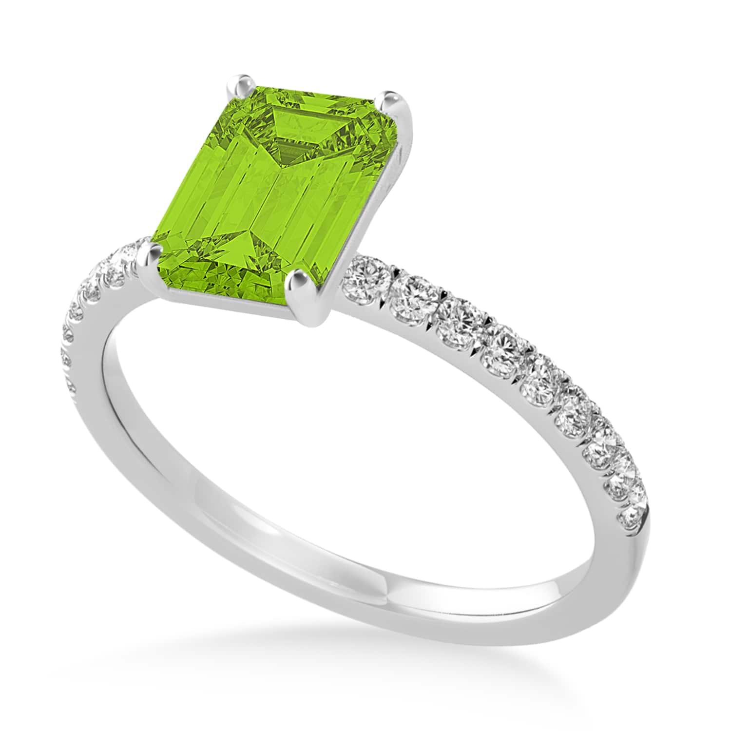 Emerald Peridot & Diamond Single Row Hidden Halo Engagement Ring 14k White Gold (1.31ct)