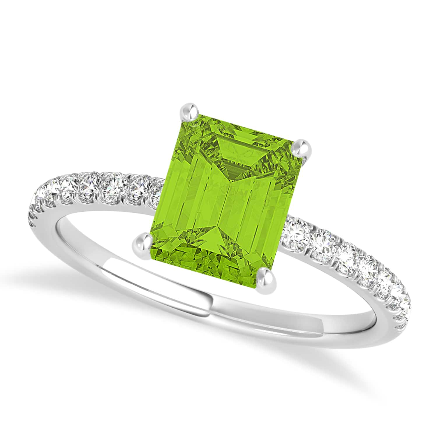 Emerald Peridot & Diamond Single Row Hidden Halo Engagement Ring 18k White Gold (1.31ct)