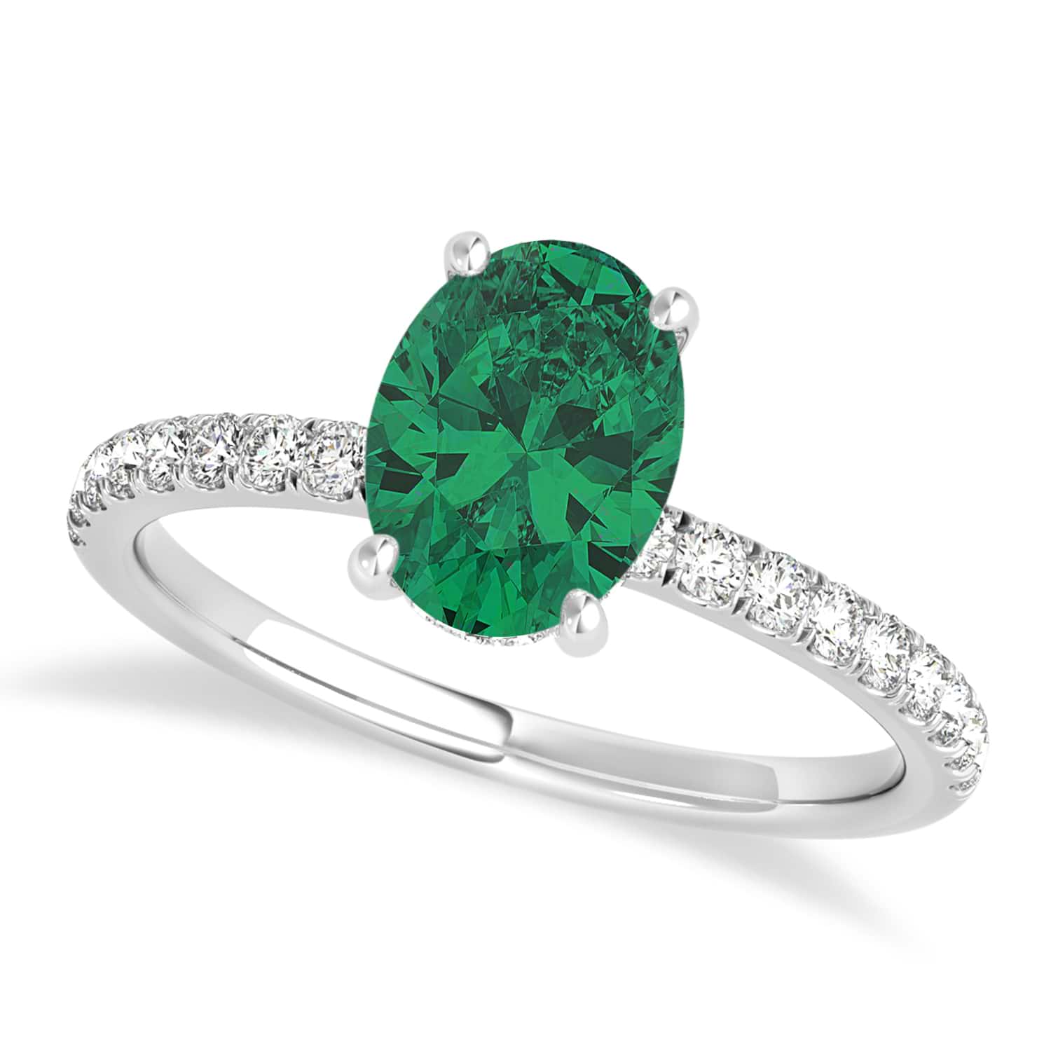 Oval Emerald & Diamond Single Row Hidden Halo Engagement Ring 18k White Gold (0.68ct)
