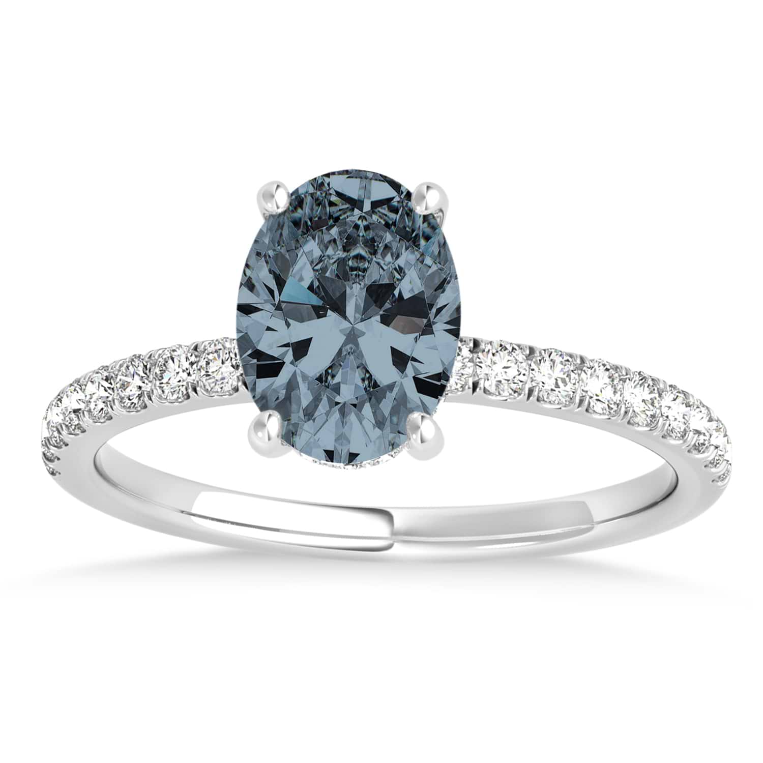Oval Gray Spinel & Diamond Single Row Hidden Halo Engagement Ring 14k White Gold (0.68ct)