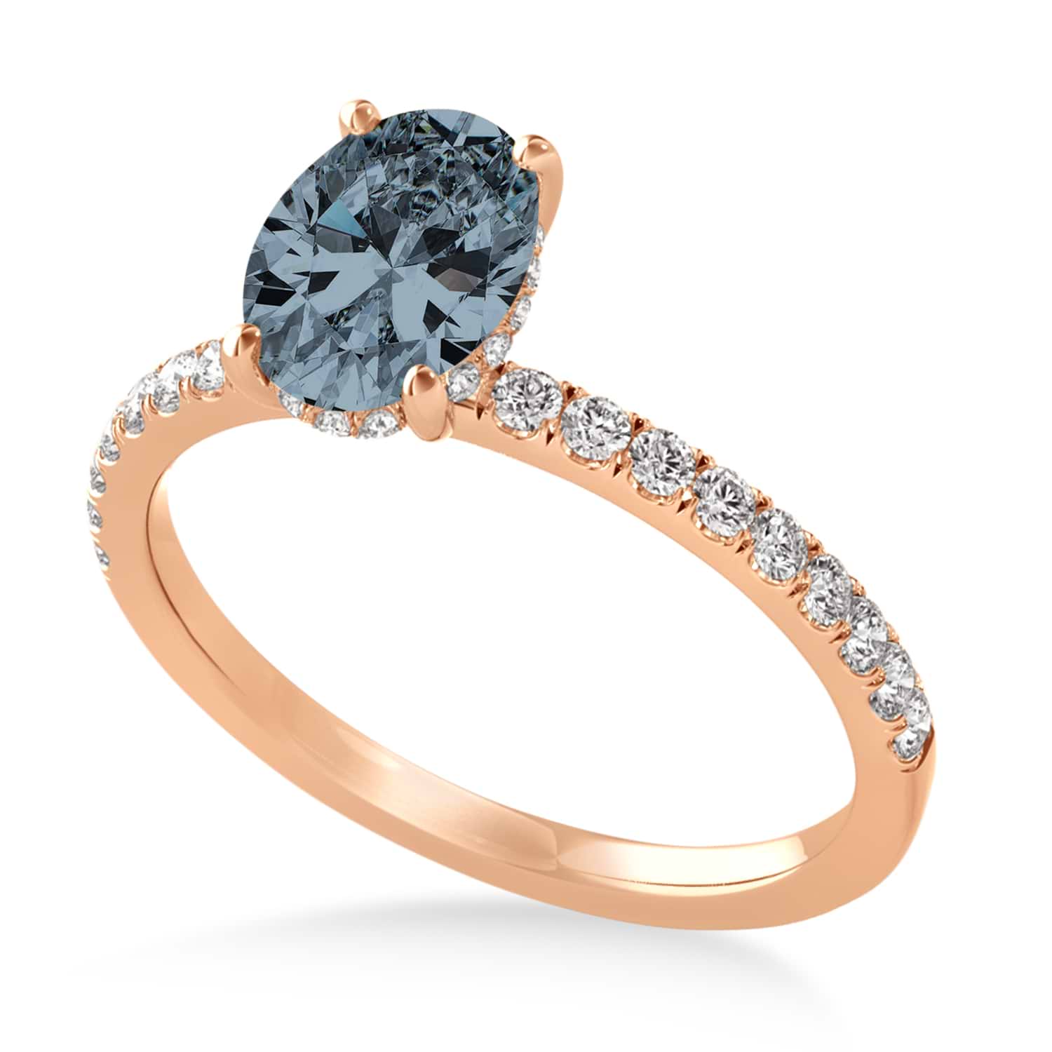 Oval Gray Spinel & Diamond Single Row Hidden Halo Engagement Ring 18k Rose Gold (0.68ct)