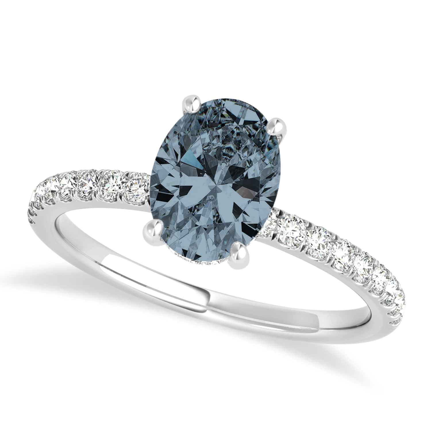 Oval Gray Spinel & Diamond Single Row Hidden Halo Engagement Ring 18k White Gold (0.68ct)