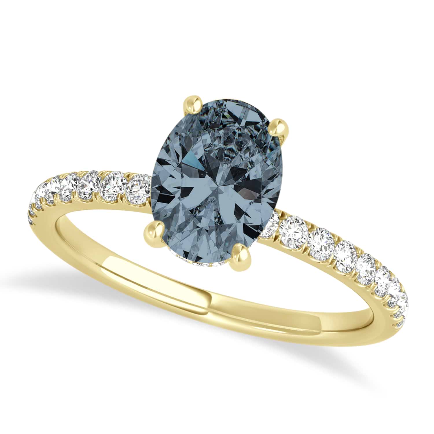 Oval Gray Spinel & Diamond Single Row Hidden Halo Engagement Ring 18k Yellow Gold (0.68ct)