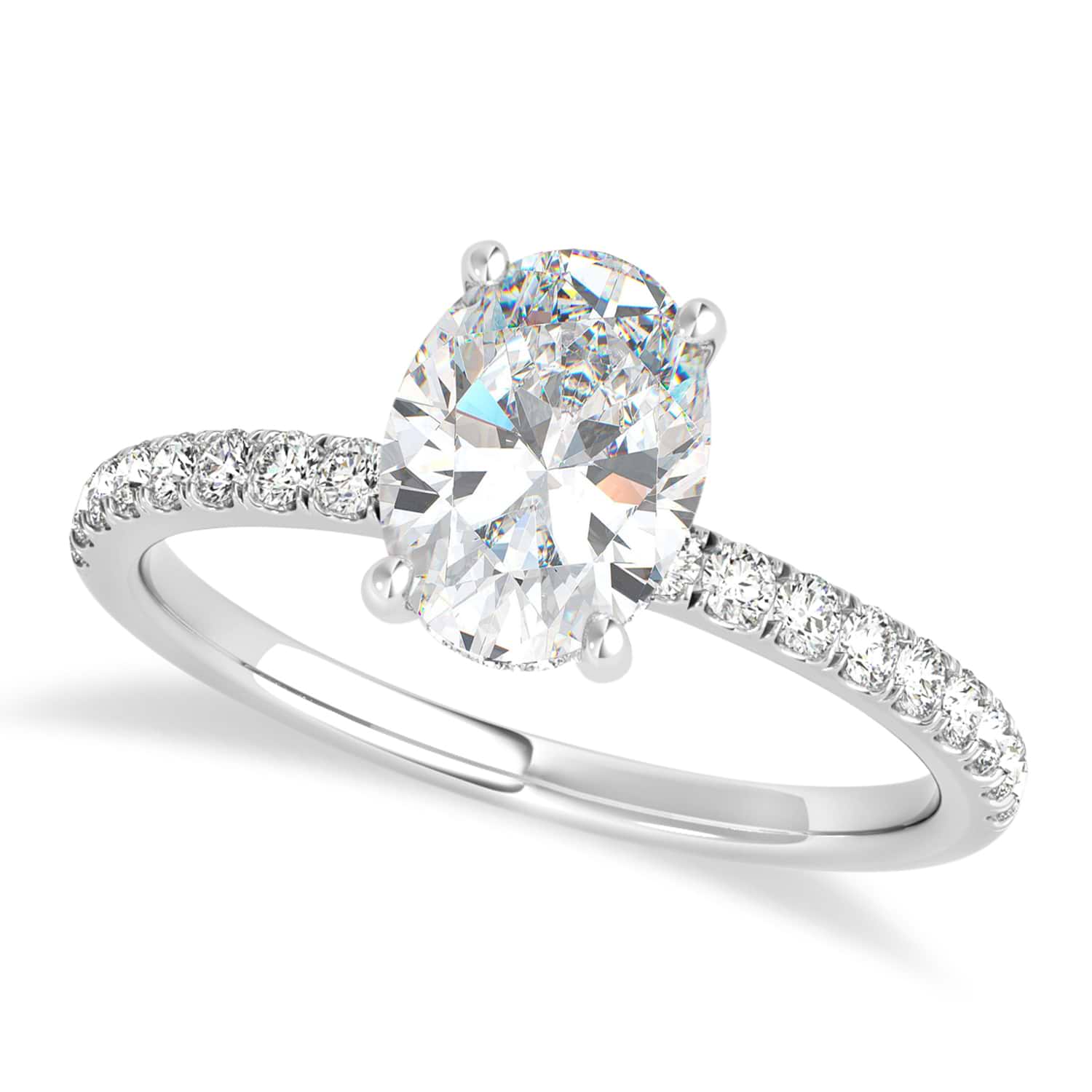Oval Moissanite & Diamond Single Row Hidden Halo Engagement Ring 18k White Gold (0.68ct)