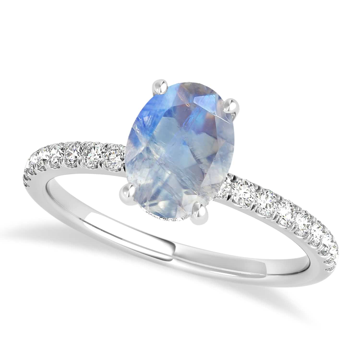 Oval Moonstone & Diamond Single Row Hidden Halo Engagement Ring 14k White Gold (0.68ct)