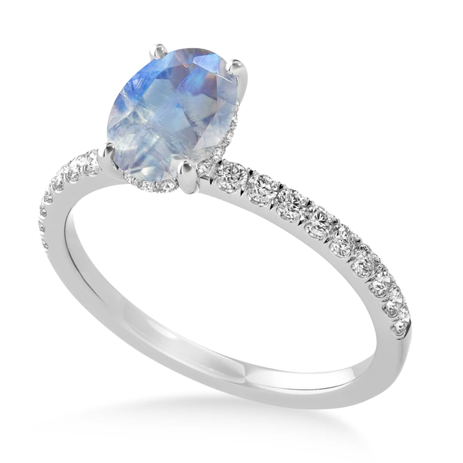 Oval Moonstone & Diamond Single Row Hidden Halo Engagement Ring 14k White Gold (0.68ct)