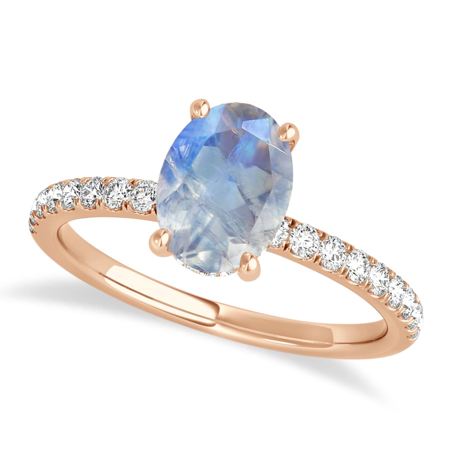 Oval Moonstone & Diamond Single Row Hidden Halo Engagement Ring 18k Rose Gold (0.68ct)