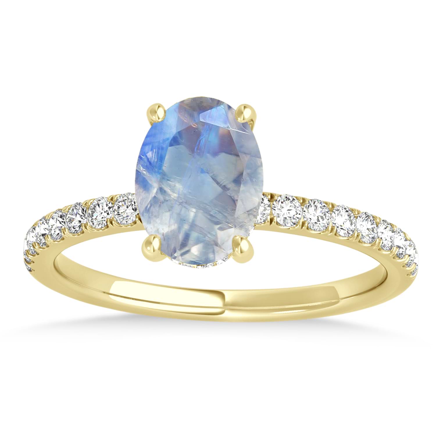 Oval Moonstone & Diamond Single Row Hidden Halo Engagement Ring 18k Yellow Gold (0.68ct)