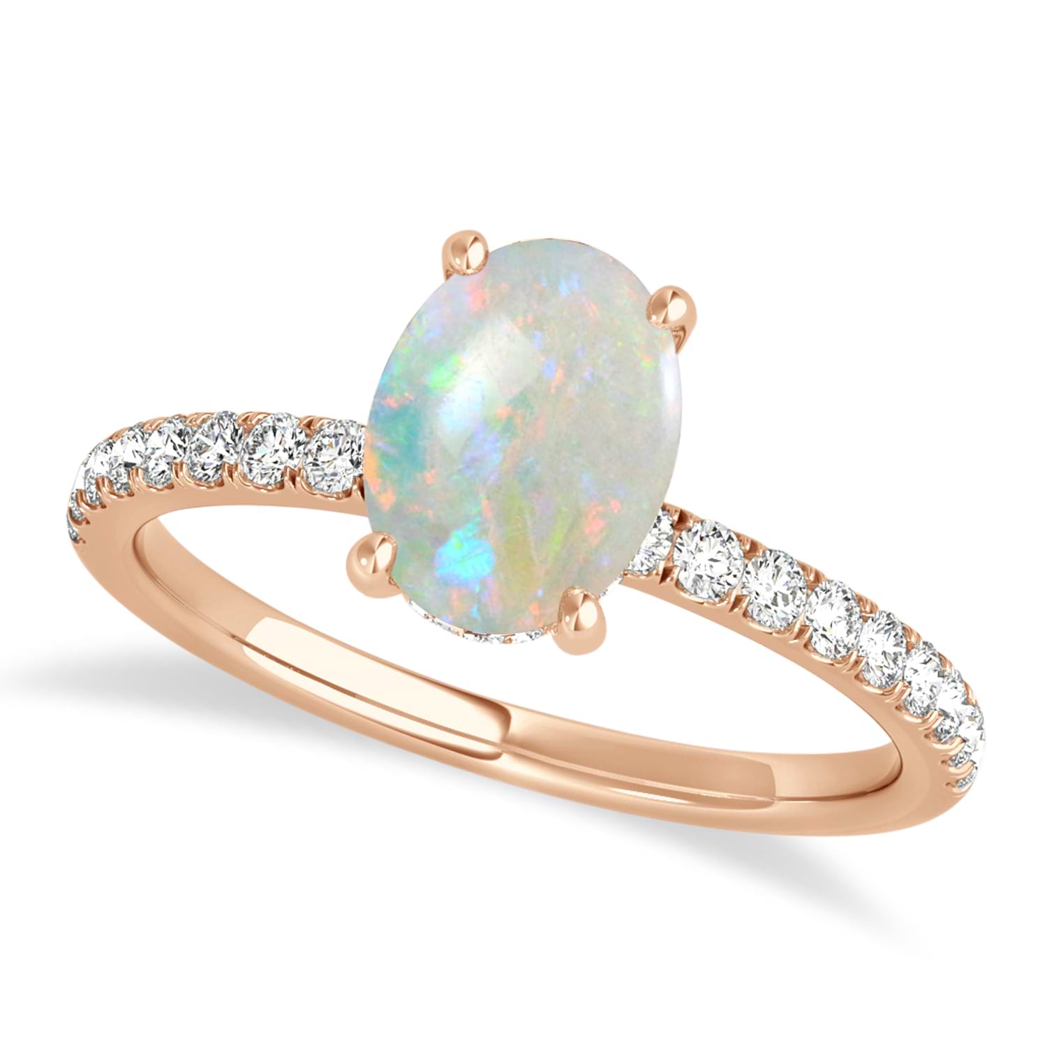 Oval Opal & Diamond Single Row Hidden Halo Engagement Ring 18k Rose Gold (0.68ct)