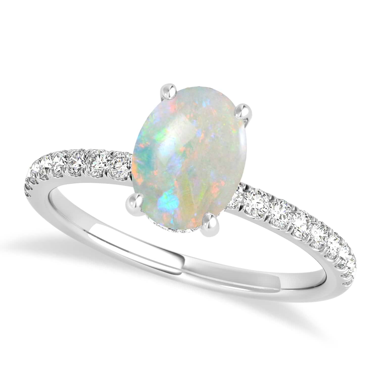 Oval Opal & Diamond Single Row Hidden Halo Engagement Ring 18k White Gold (0.68ct)