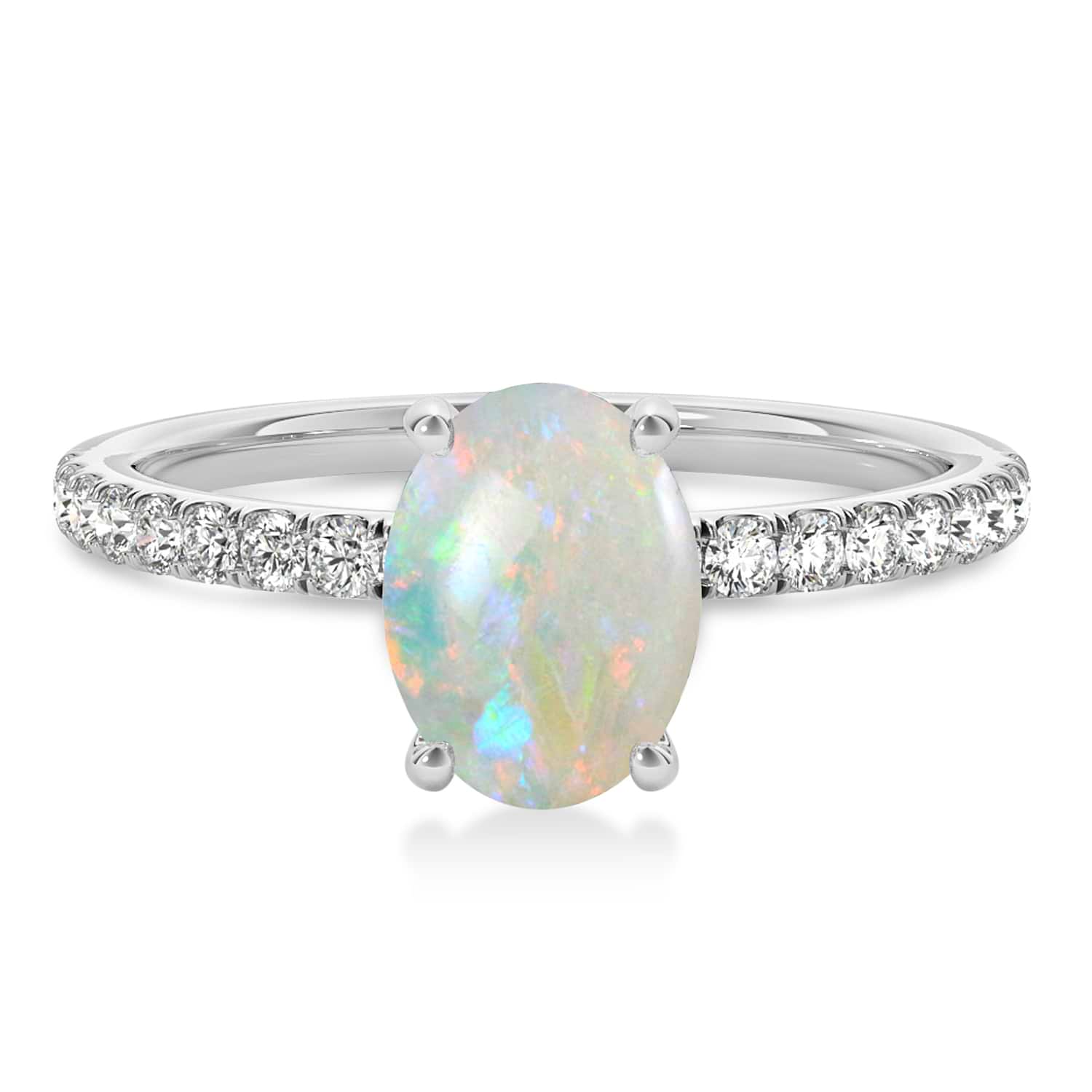Oval Opal & Diamond Single Row Hidden Halo Engagement Ring Palladium (0.68ct)