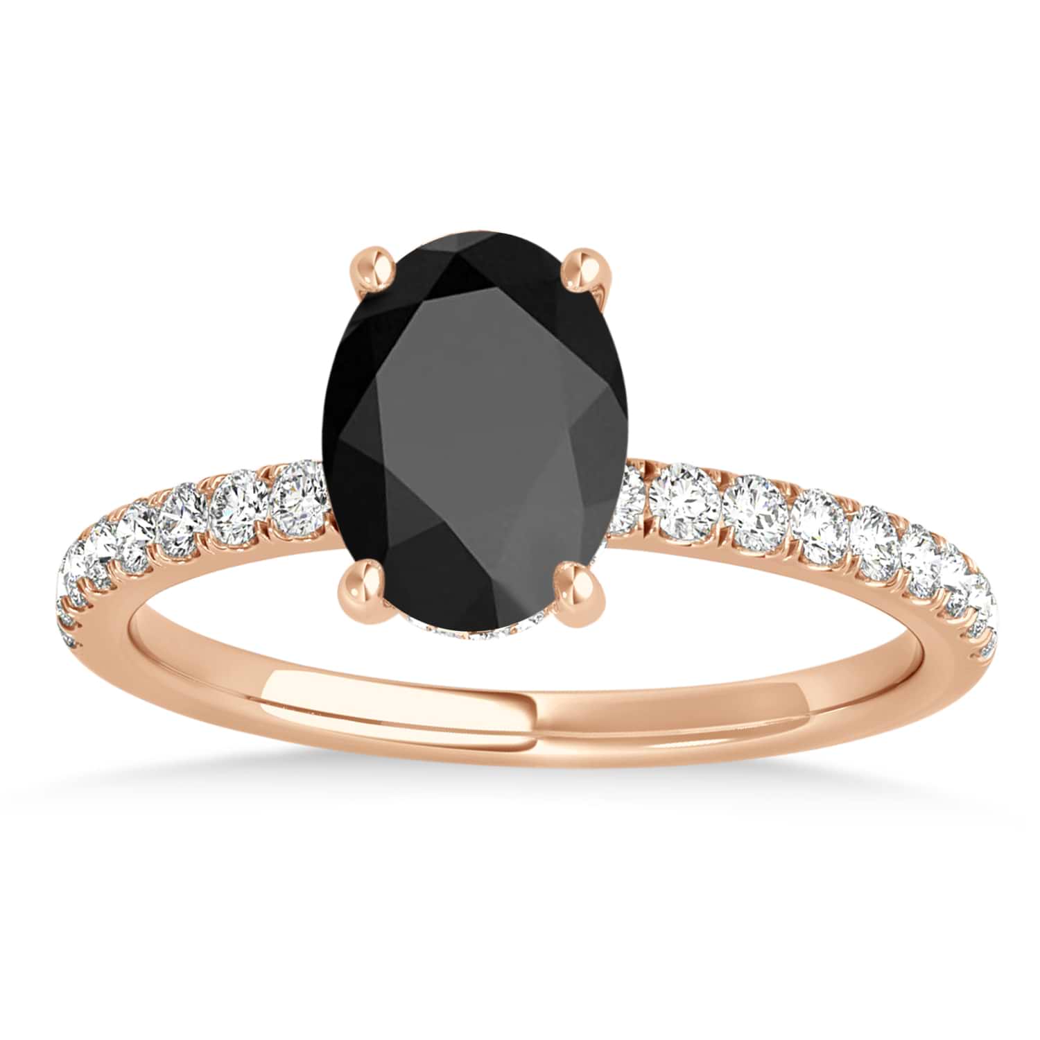 Oval Onyx & Diamond Single Row Hidden Halo Engagement Ring 14k Rose Gold (0.68ct)