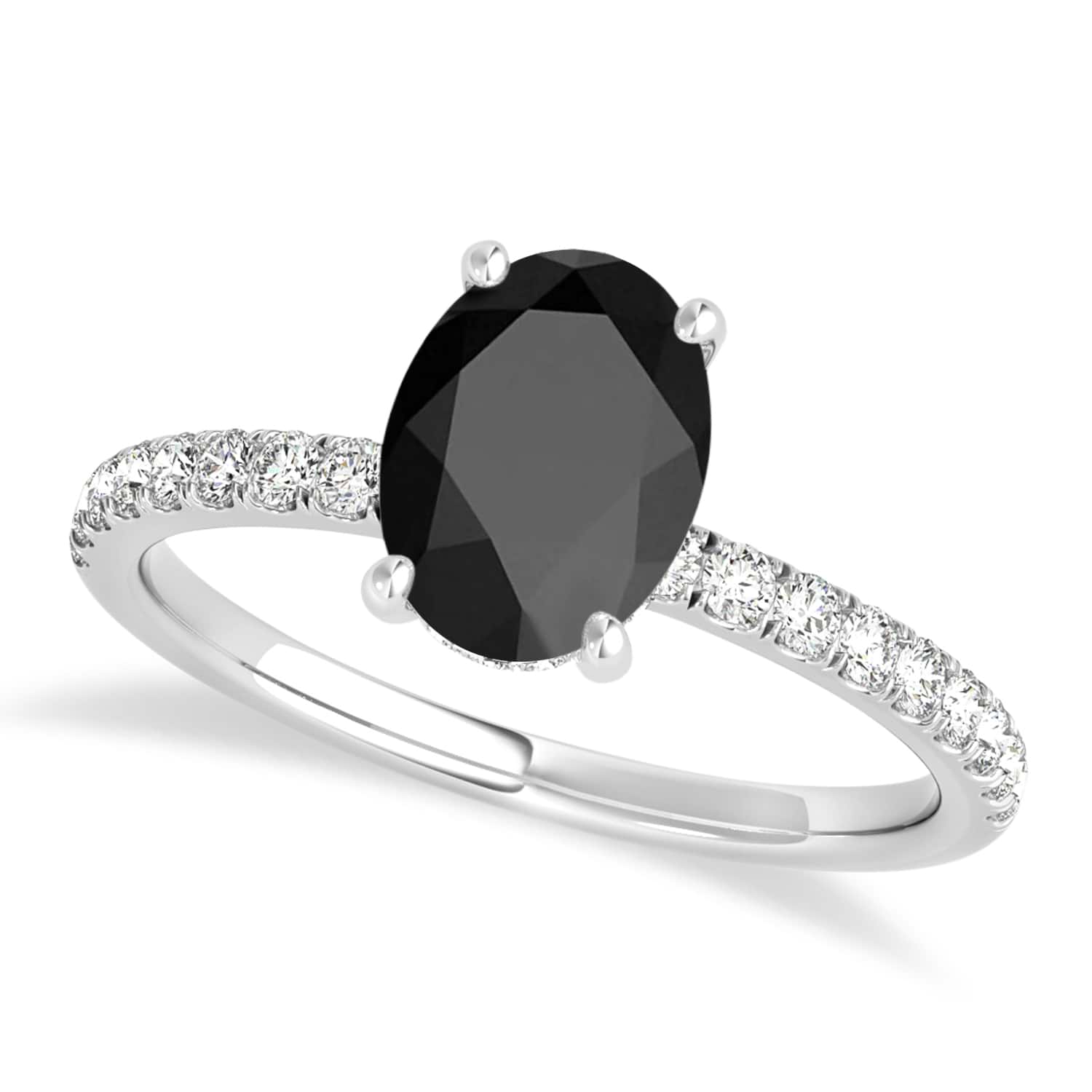 Oval Onyx & Diamond Single Row Hidden Halo Engagement Ring 14k White Gold (0.68ct)