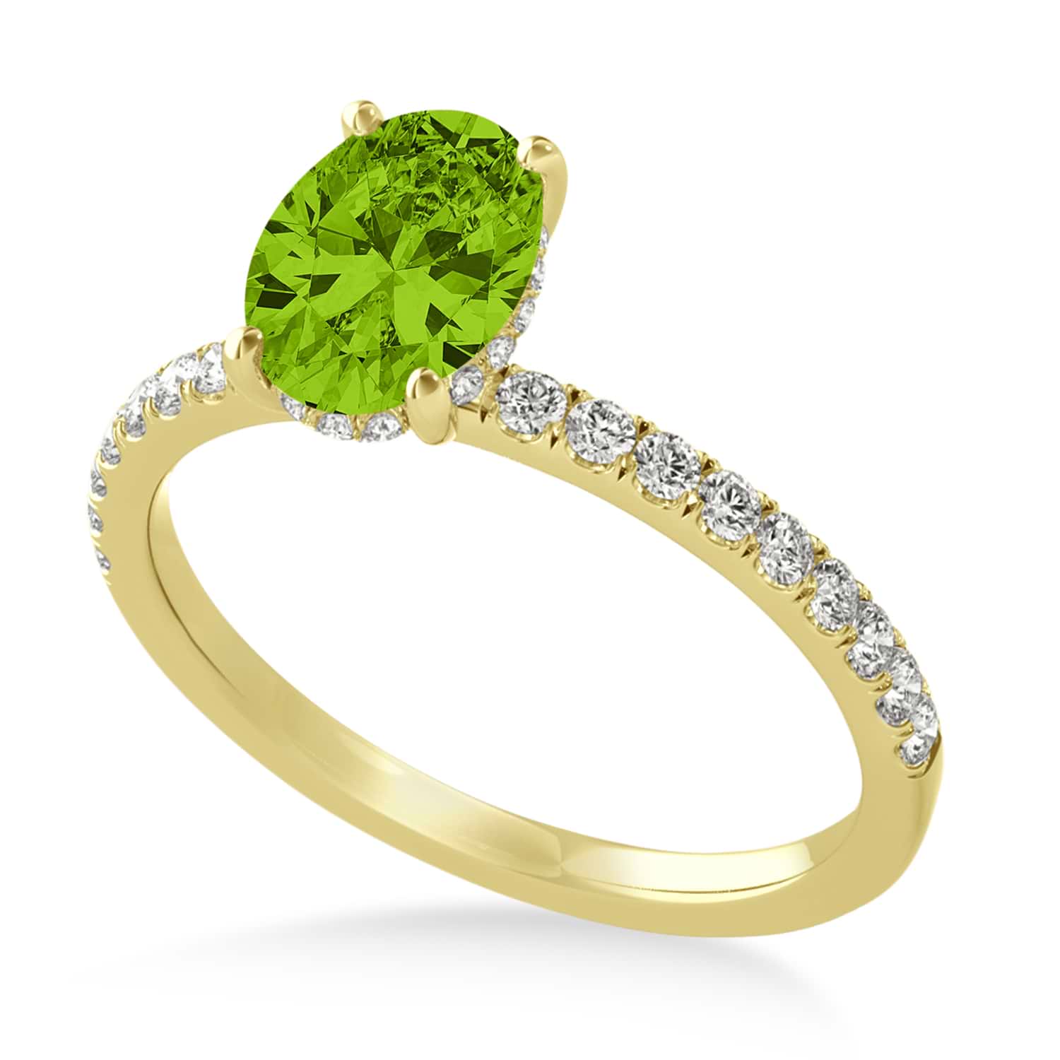 Oval Peridot & Diamond Single Row Hidden Halo Engagement Ring 14k Yellow Gold (0.68ct)