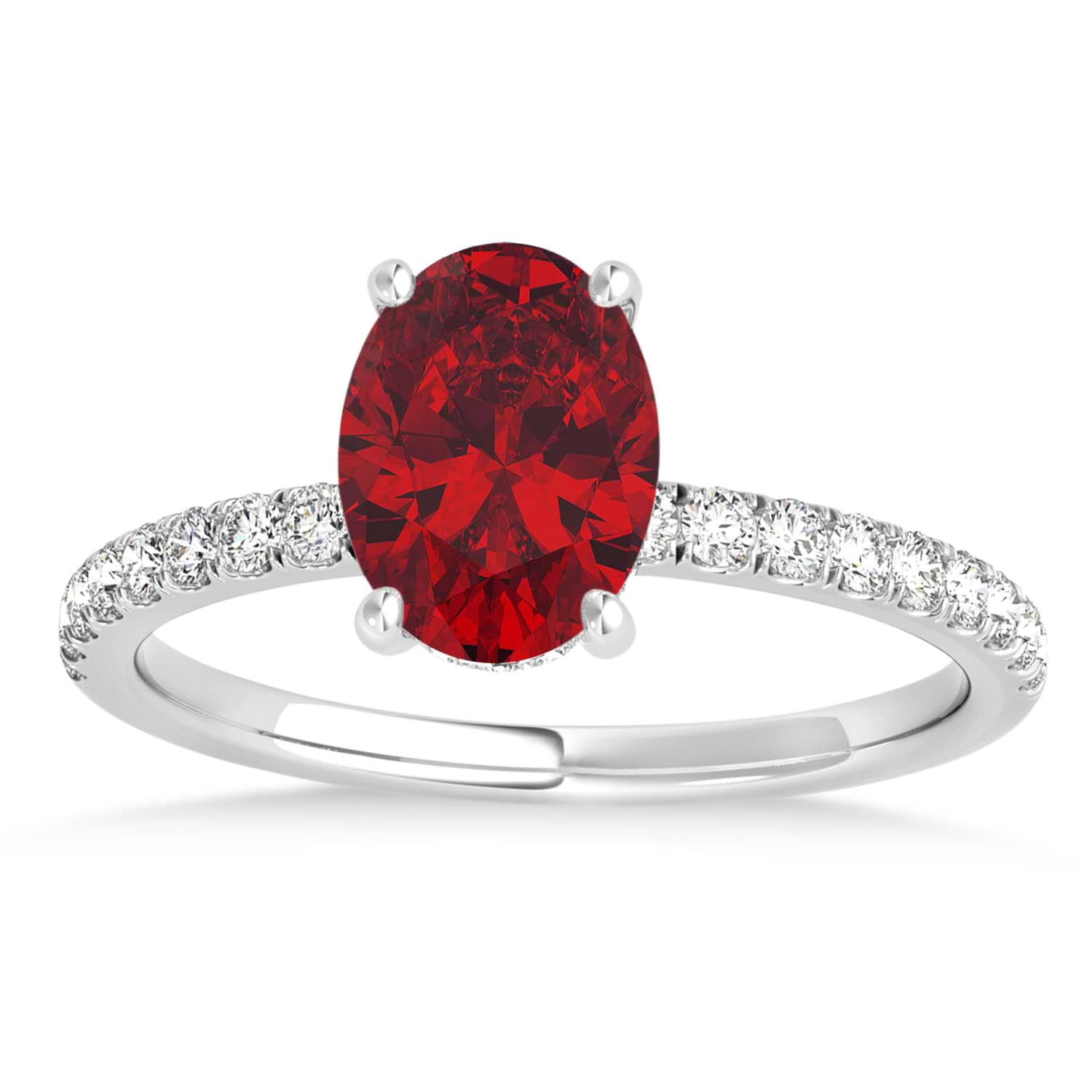 Oval Ruby & Diamond Single Row Hidden Halo Engagement Ring 14k White Gold (0.68ct)