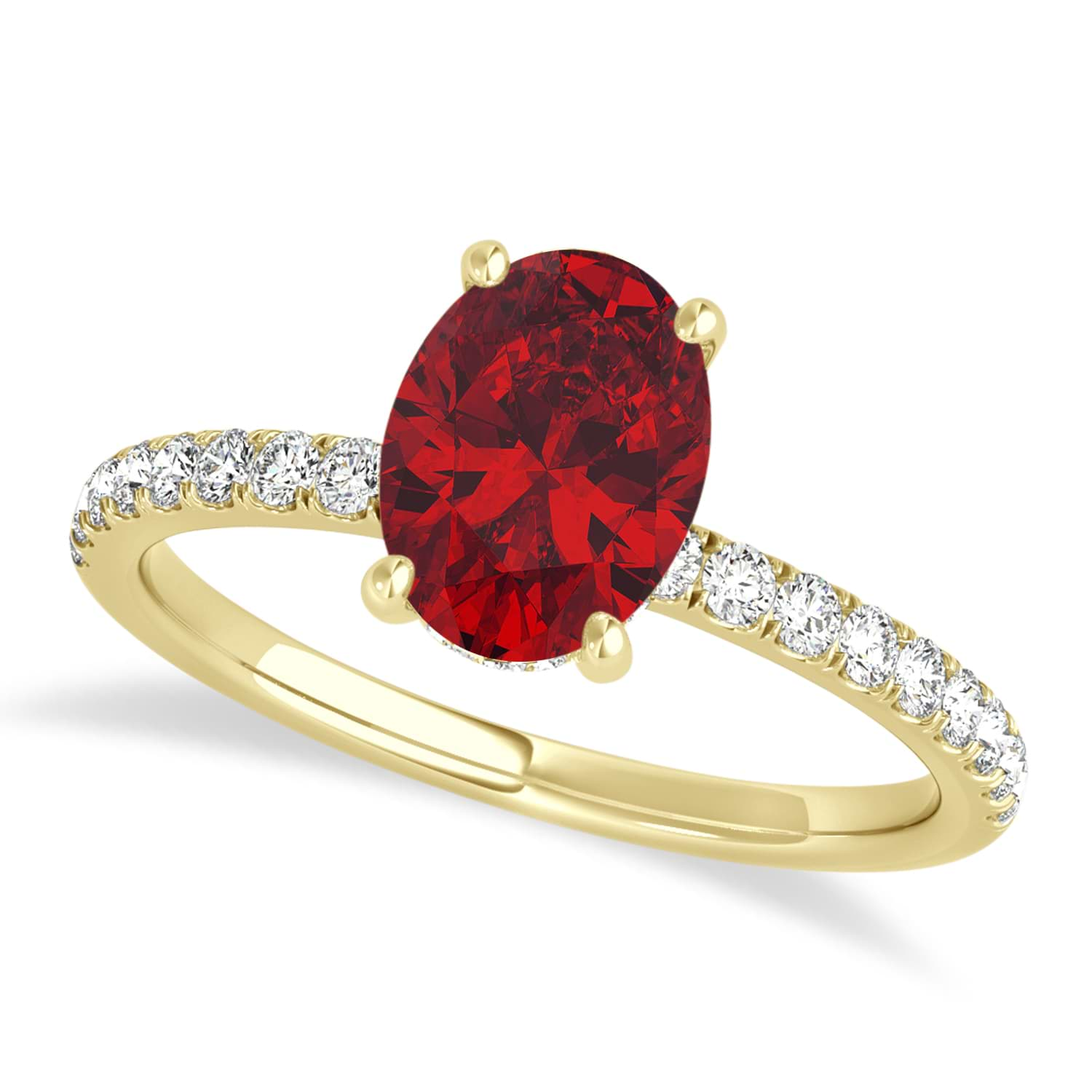 Oval Ruby & Diamond Single Row Hidden Halo Engagement Ring 18k Yellow Gold (0.68ct)