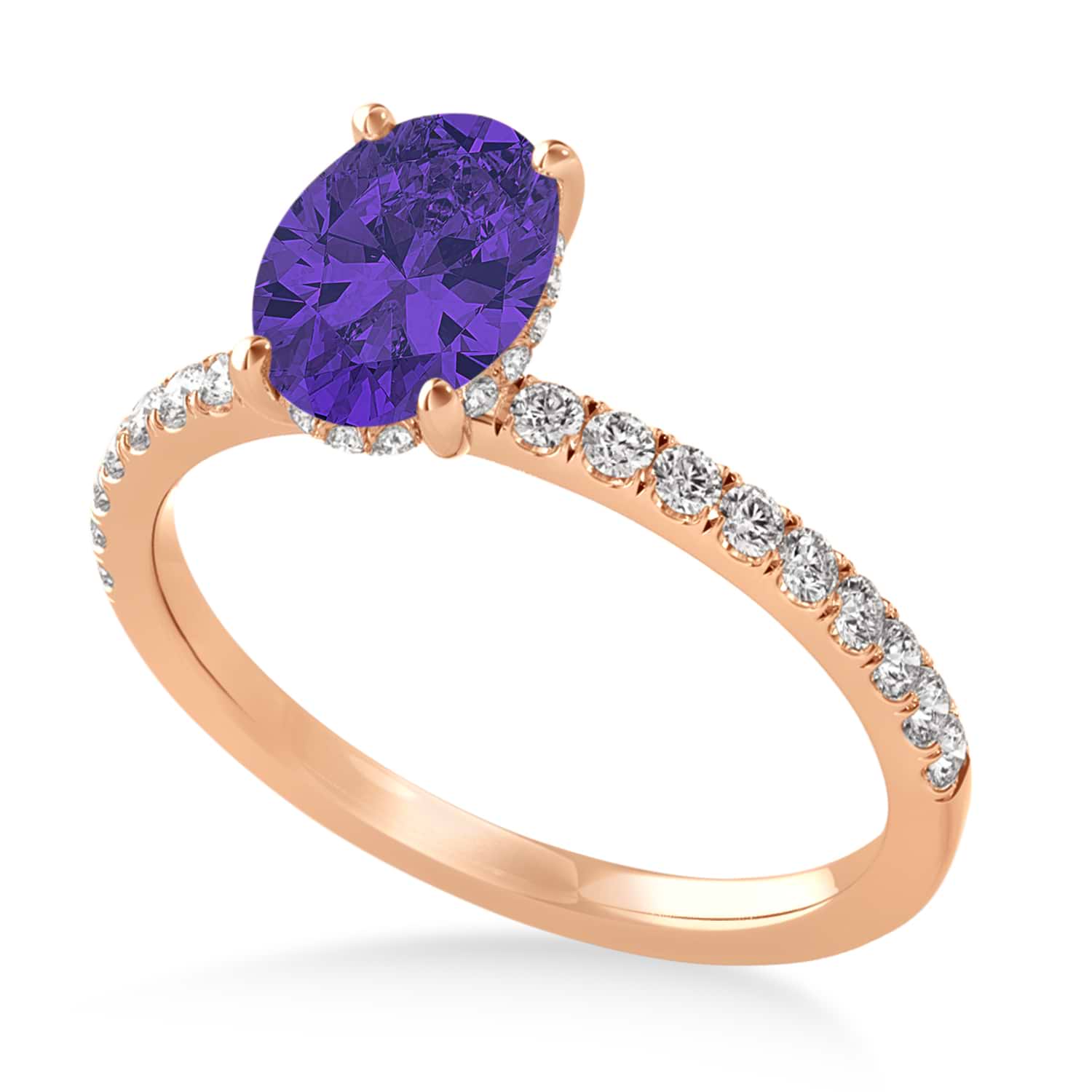 Oval Tanzanite & Diamond Single Row Hidden Halo Engagement Ring 18k Rose Gold (0.68ct)