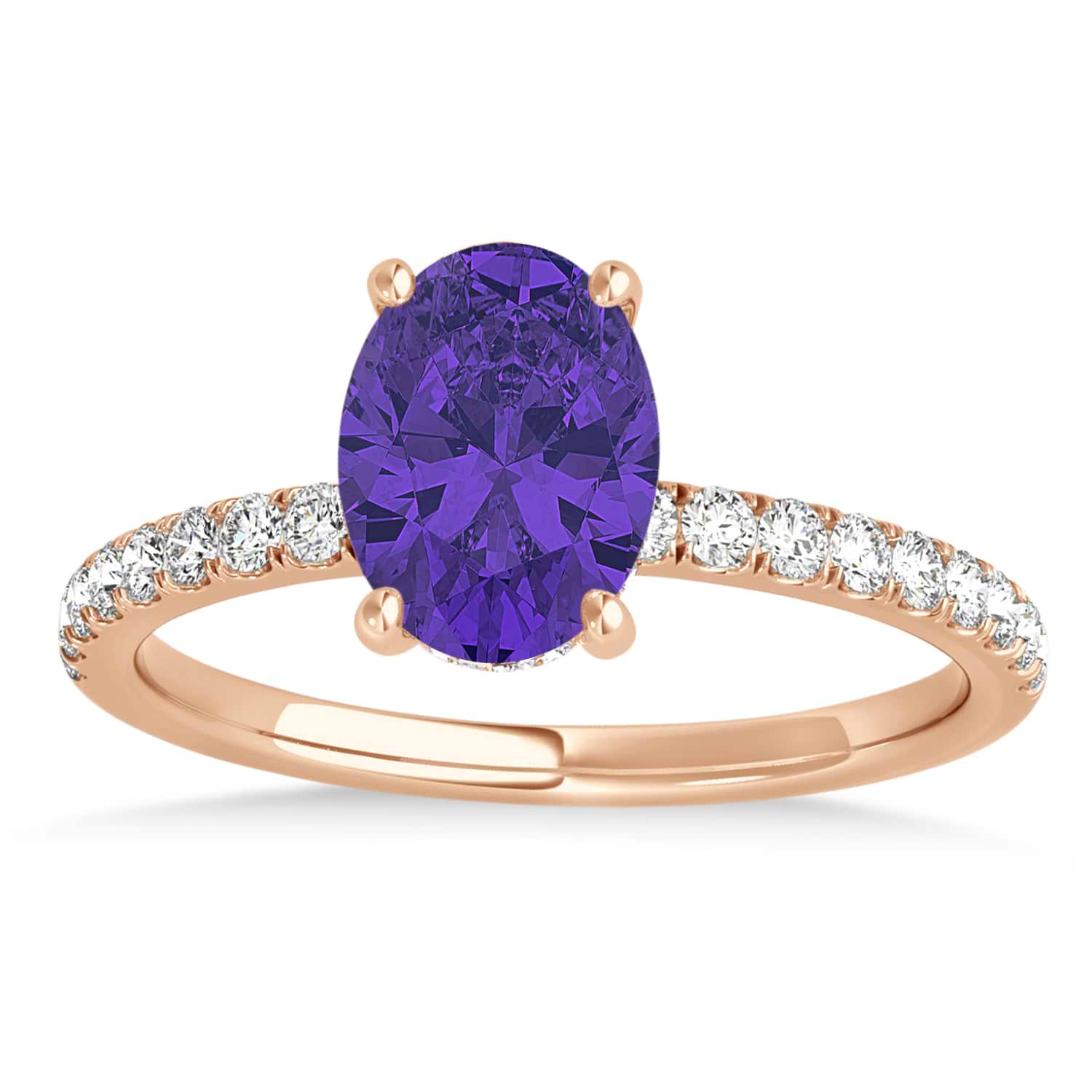 Oval Tanzanite & Diamond Single Row Hidden Halo Engagement Ring 18k Rose Gold (0.68ct)