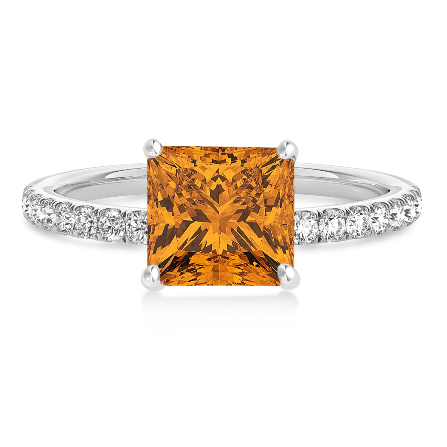Princess Citrine & Diamond Single Row Hidden Halo Engagement Ring 14k White Gold (0.81ct)
