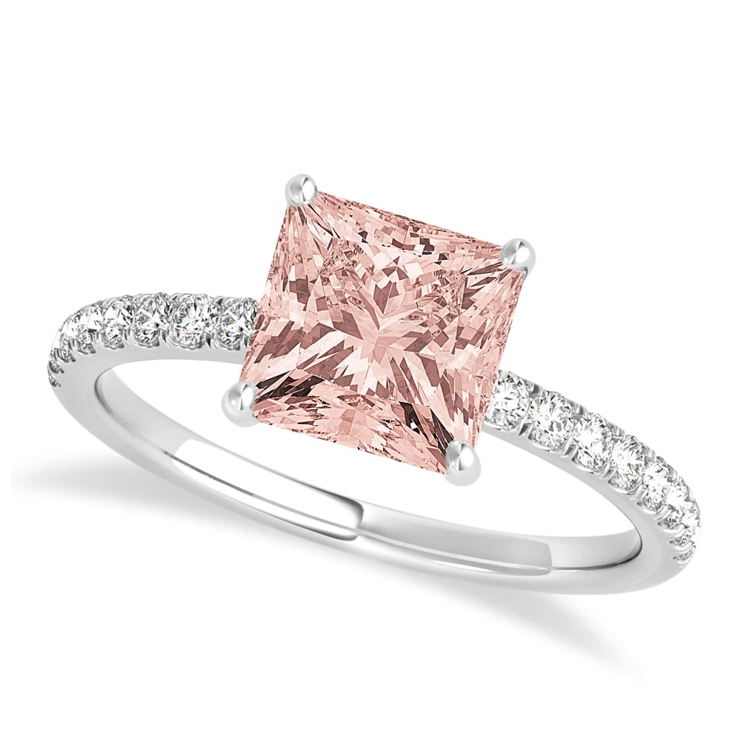 Princess Morganite & Diamond Single Row Hidden Halo Engagement Ring 18k White Gold (0.81ct)