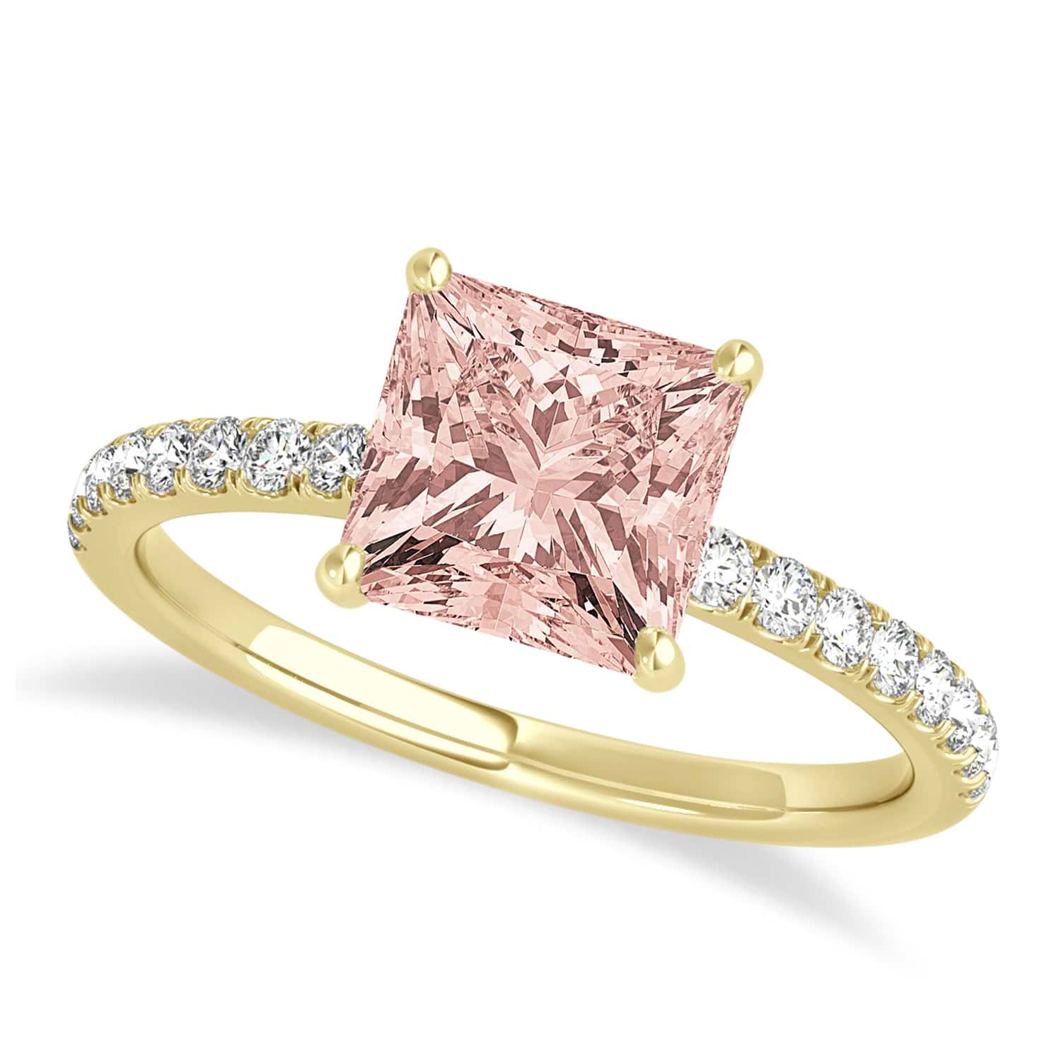 Princess Morganite & Diamond Single Row Hidden Halo Engagement Ring 18k Yellow Gold (0.81ct)