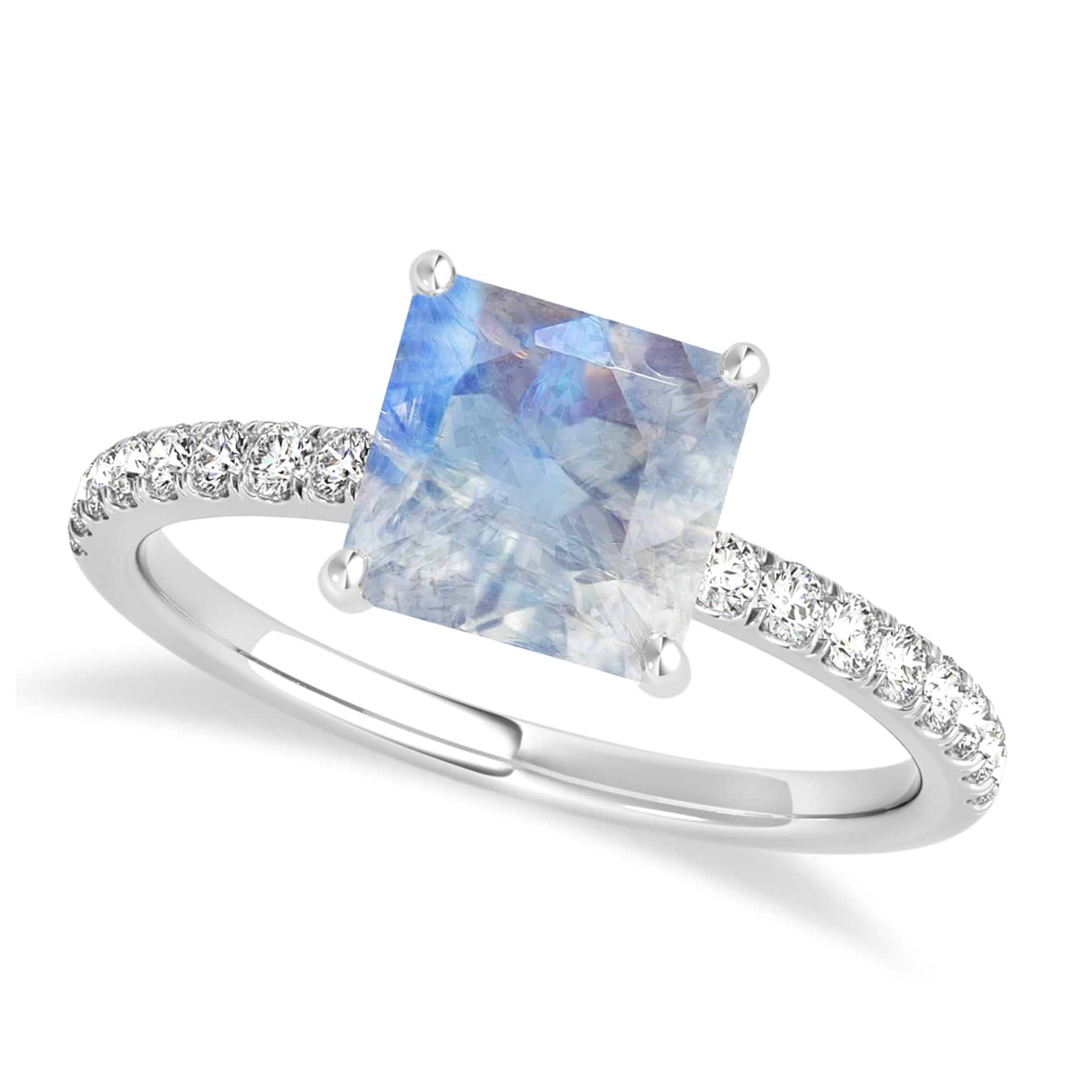 Princess Moonstone & Diamond Single Row Hidden Halo Engagement Ring 14k White Gold (0.81ct)