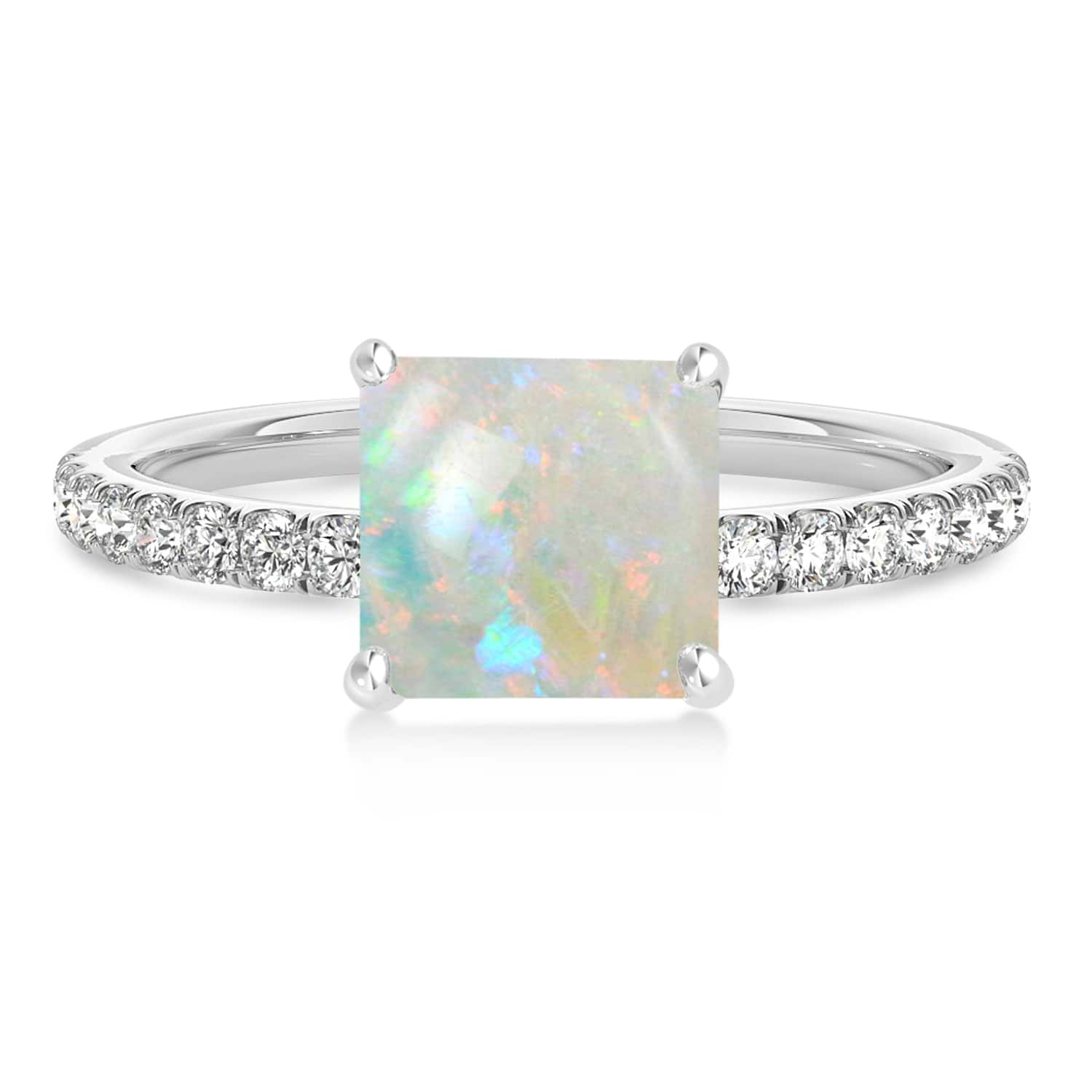 Princess Opal & Diamond Single Row Hidden Halo Engagement Ring 18k White Gold (0.81ct)