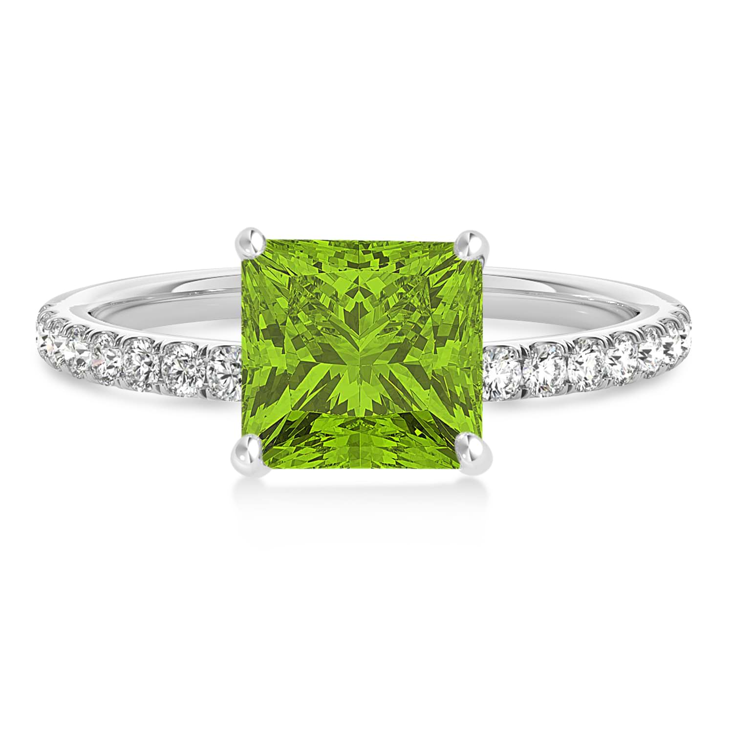 Princess Peridot & Diamond Single Row Hidden Halo Engagement Ring 18k White Gold (0.81ct)