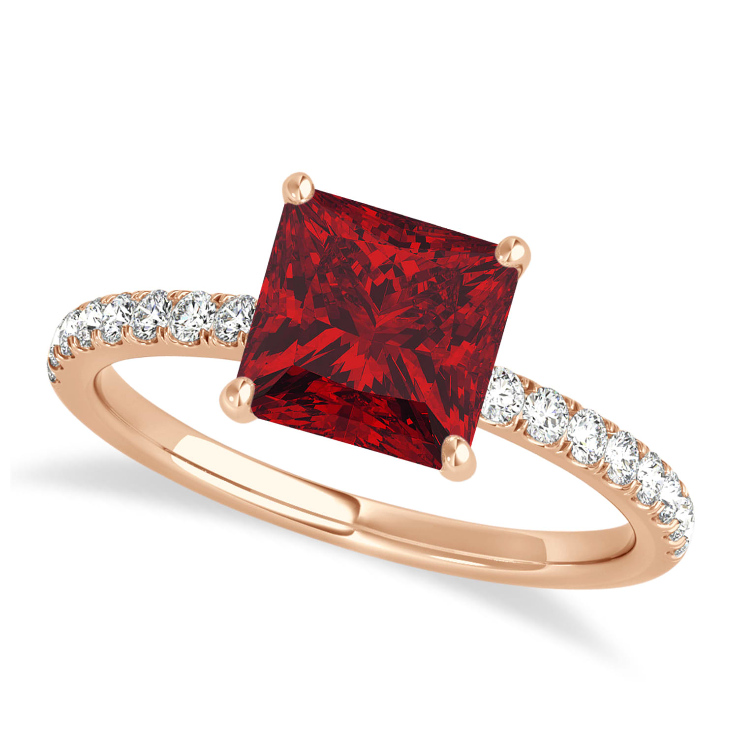 Princess Ruby & Diamond Single Row Hidden Halo Engagement Ring 14k Rose Gold (0.81ct)