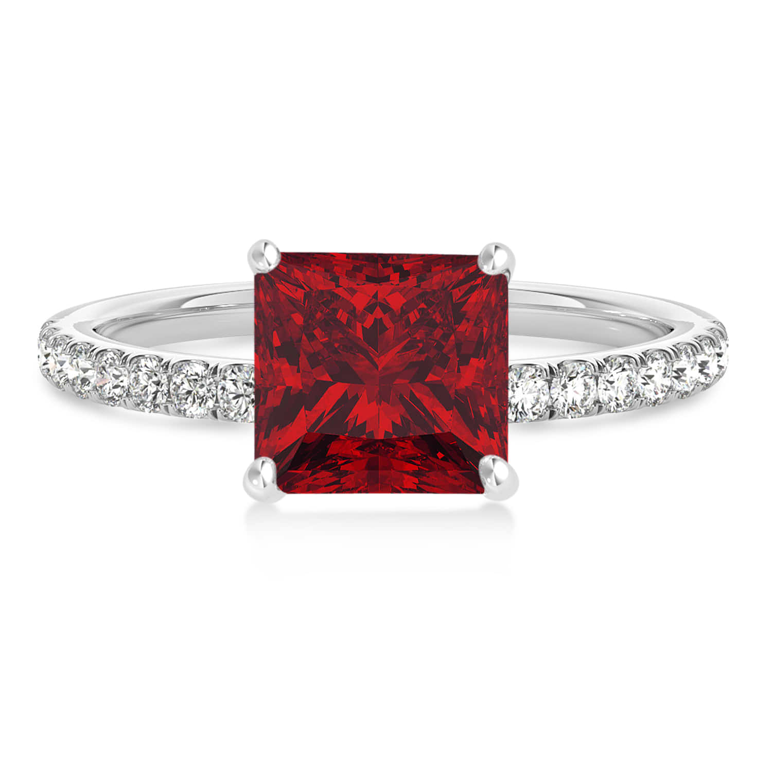 Princess Ruby & Diamond Single Row Hidden Halo Engagement Ring 14k White Gold (0.81ct)