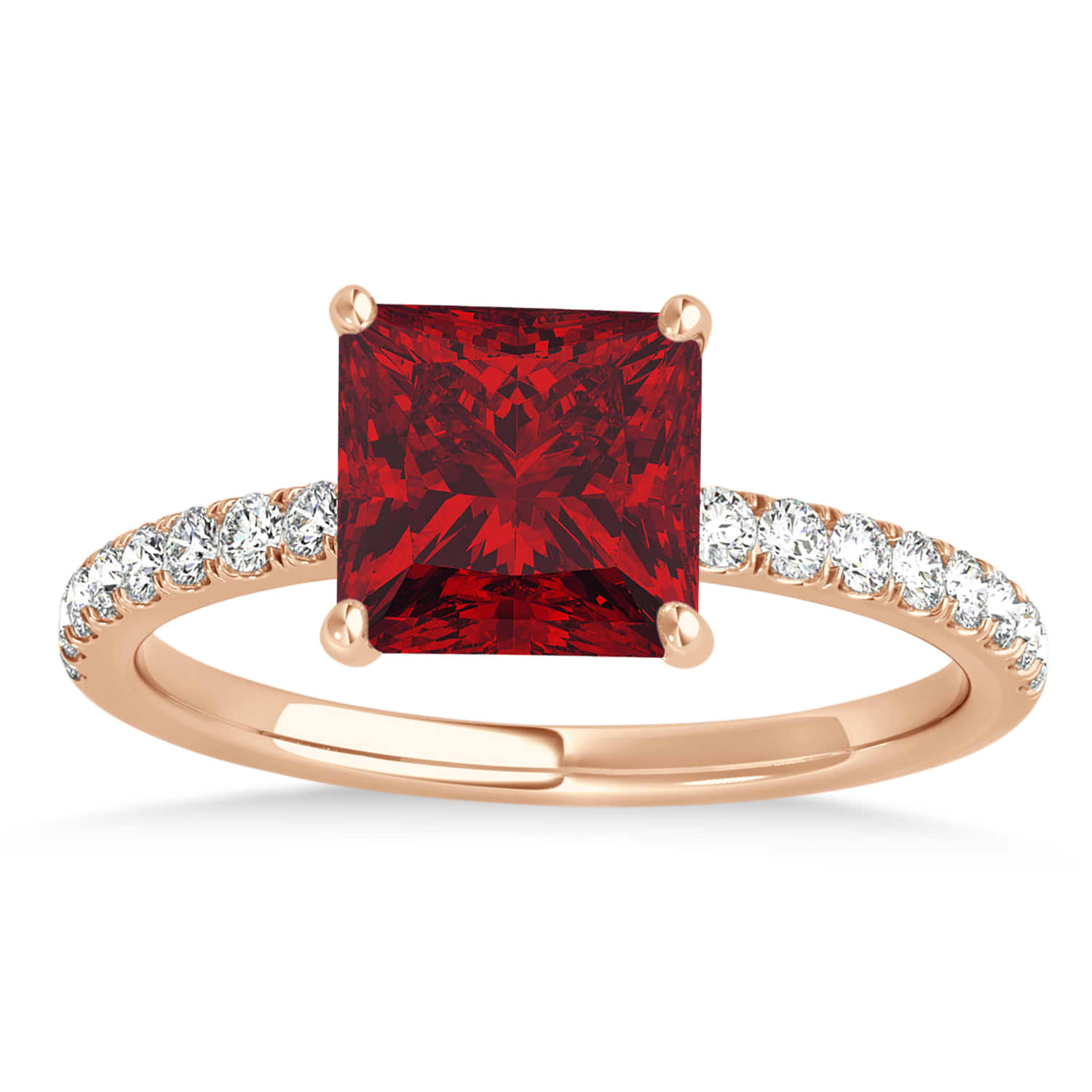 Princess Ruby & Diamond Single Row Hidden Halo Engagement Ring 18k Rose Gold (0.81ct)