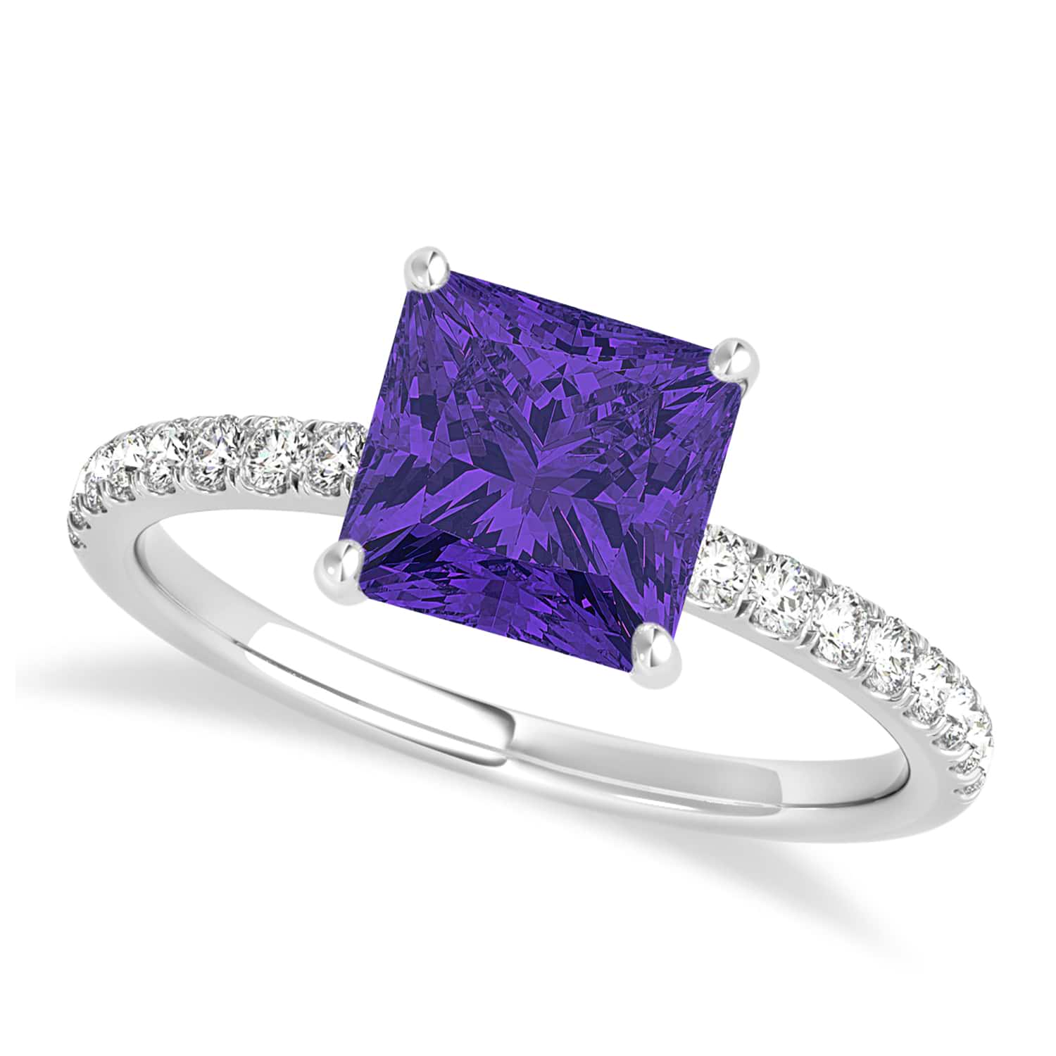Princess Tanzanite & Diamond Single Row Hidden Halo Engagement Ring 18k White Gold (0.81ct)