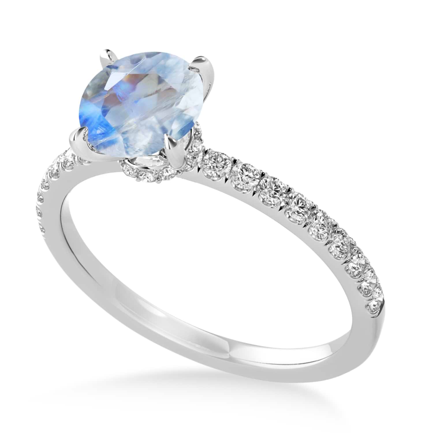 Round Moonstone & Diamond Single Row Hidden Halo Engagement Ring 14k White Gold (1.25ct)