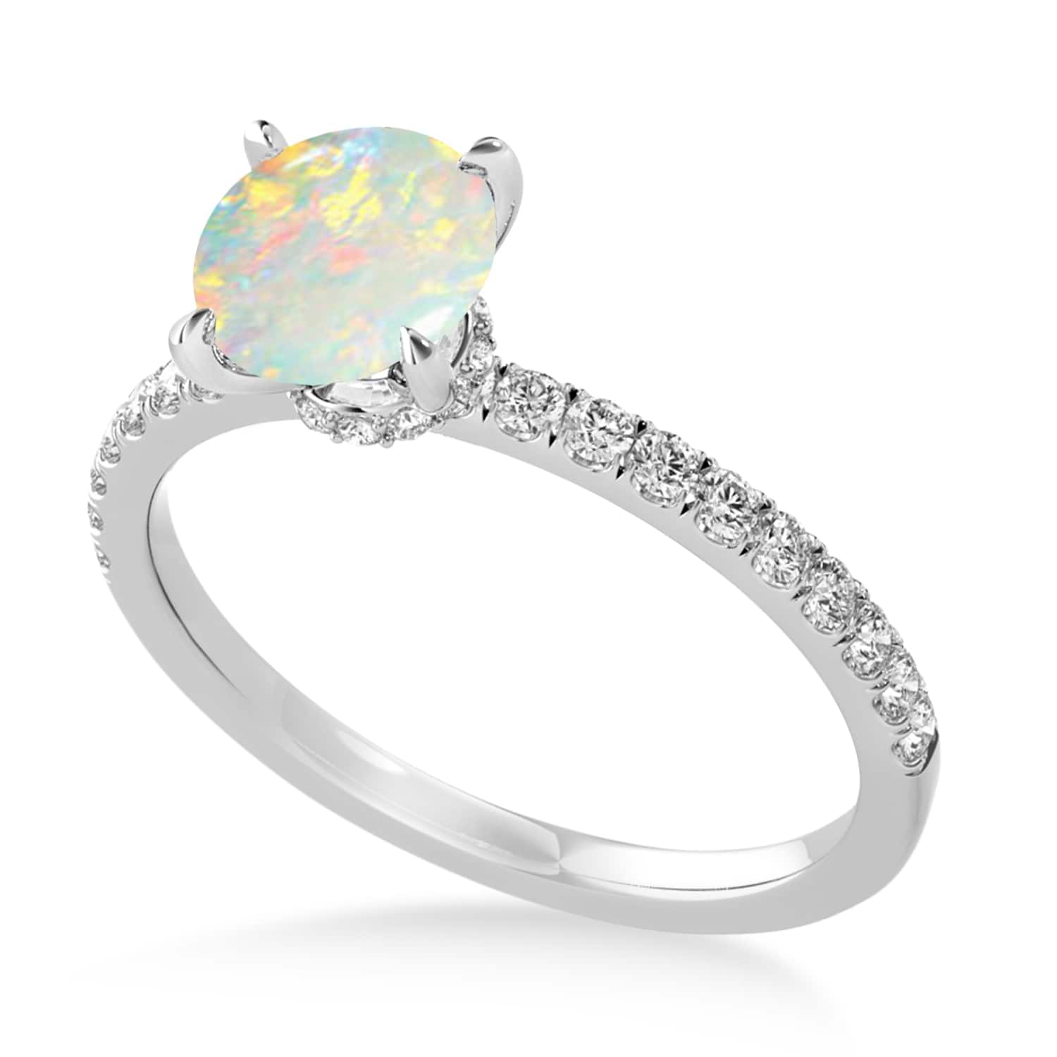 Round Opal & Diamond Single Row Hidden Halo Engagement Ring Palladium (1.25ct)