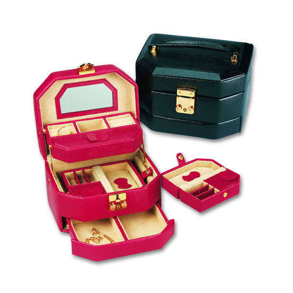 Ladies Black Calfskin Leather Jewelry Box w/ Removable Travel Case