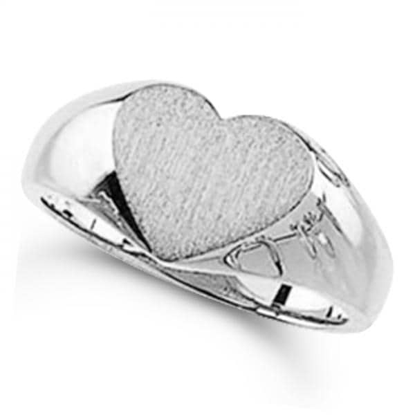 Women's Heart Shaped Signet Ring, Engravable, Polished 14k White Gold
