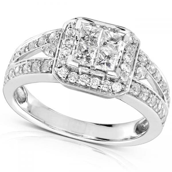 Split Shank Princess Cluster Diamond Engagement Ring 14K W. Gold 1.00ct