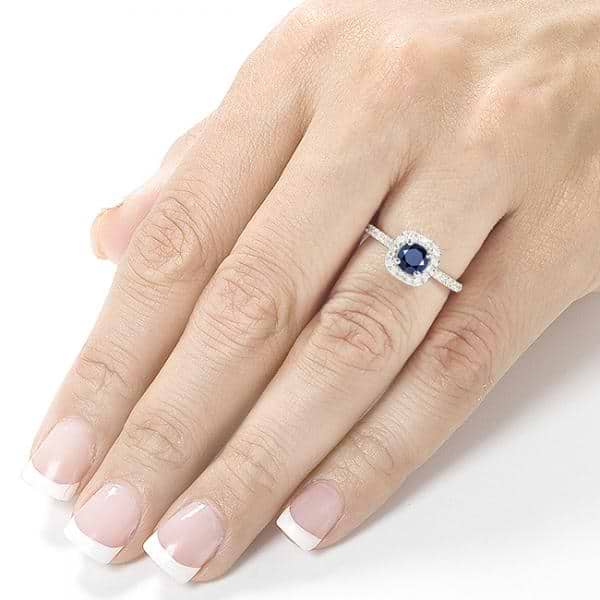 Sapphire and Cushion Diamond Halo Fashion Ring 14k White Gold (0.75ct)