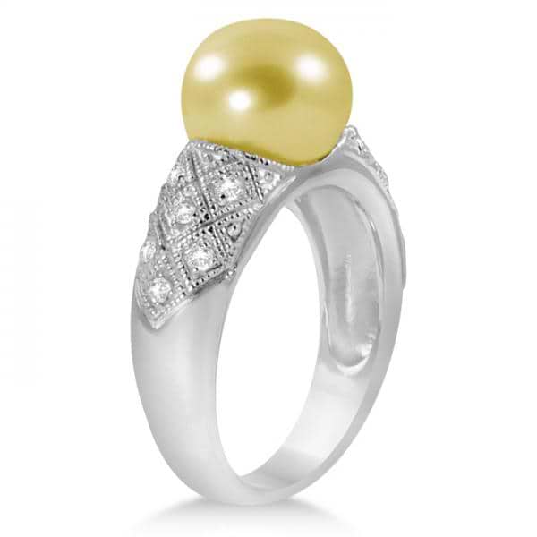 South Sea Golden Pearl & White Topaz Ring Sterling Silver 10-11mm