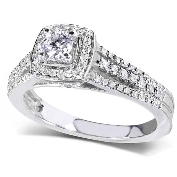 Round Cut Diamond Engagement Ring w/ Cushion Halo 14k W. Gold 0.50ct